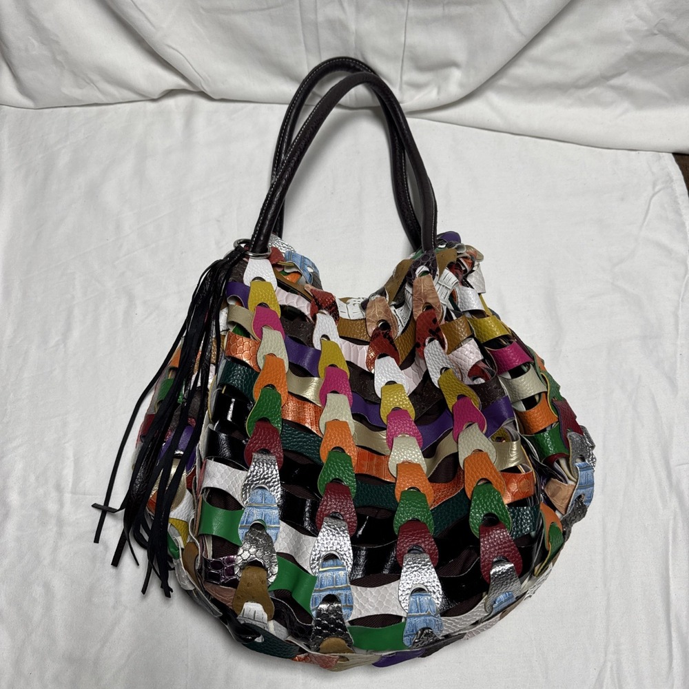 Vintage GG…ing Large Multicolored Hobo Bag W/Unique Woven Leather Links Y2K - Picture 1 of 10